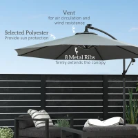 Outsunny 3(m) Cantilever Parasol with Solar LED Lights, Garden Umbrella with Cross Base and Crank Handle, Hanging Offset Banana Sun Shade for Outdoor, Patio, Grey(m-7)