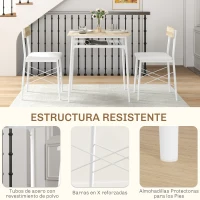HOMCOM Conjunto de Mesa y Sillas de Comedor de 3 Piezas con Estante Abierto Estructura de Acero Blanco y Roble(m-7)