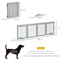 PawHut Barrera de Seguridad para Perros Plegable de 4 Paneles con Estructura de Madera y Patas de Apoyo 204x30x61 cm Gris Claro(m-3)
