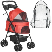 PawHut Dog Stroller with Rain Cover, Dog Pushchair One-Click Fold Trolley Jogger with EVA Wheels Brake Basket Adjustable Canopy Safety Leash for Small Dogs, Red(m-1)