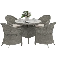 Outsunny 4 Seater Rattan Garden Furniture Set with Cushions, Round PE Rattan Dining Set with Glass-Top Table, Umbrella Hole, Outdoor Garden Table and Chairs, Grey(m-10)