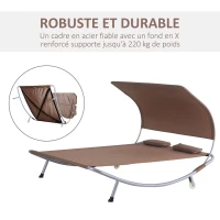 Outsunny Bain de Soleil 2 Places lit de Jardin Design Contemporain Toit réglable 2 roulettes 2 oreillers Acier époxy Polyester Marron foncé(m-7)