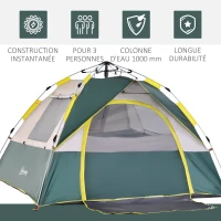 Outsunny Tente de camping pop up 3 personnes porte 3 fenêtres sac de transport inclus fibre verre polyester PE(m-4)