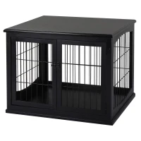 PawHut Jaula para Perros de Madera con Superficie de Mesa 2 Puertas y Rejillas de Metal 81x58,5x66 cm Negro(m-11)