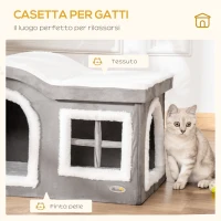 Pawhut Casetta per Gatti da Interno con 2 Entrate, Finestra e Base Antiscivolo, 63.5x37x40 cm, Grigio(m-7)