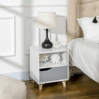 HOMCOM Modern Bedside Table, Side End Table with Shelf, Drawer and Wood Legs, 36.8cmx33cmx43.8cm, White and Grey(m-10)