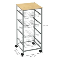 HOMCOM Carrello da Cucina Salvaspazio con 4 Cesti Estraibili in Legno e Acciaio, 36.5x36.5x89 cm, Argento e color Legno(m-3)