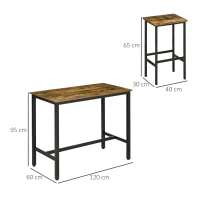 HOMCOM 120x60cm Bar Table Set, Breakfast Table with 2 Stools, 3-Piece Counter Height Dining Table & Chairs for Kitchen, Living Room, Rustic Brown(m-3)