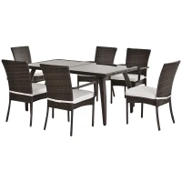 Outsunny 6 Seater Rattan Dining Set with Cushions, Rattan Garden Furniture Set, Outdoor Dining Table and Chairs with 6 Stackable Armchairs, Rectangular Glass Top Table for Patio, Balcony, Brown(m-1)