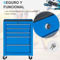 HOMCOM Carro de Herramientas para Taller con Ruedas 5 Cajones Armario con Cierre y Asa Lateral 61,5x33x82,5 cm Azul(m-4)