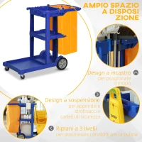 HOMCOM Carrello Pulizie a 3 Ripiani con Ganci e Sacco da 100L, 121x50.5x96.5 cm, Blu Giallo e Grigio(m-4)