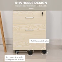 Vinsetto 2-Drawer Locking Office Filing Cabinet w/ 5 Wheels Rolling Storage Hanging A4 Cupboard Home Organisation, Oak Wood Grain(m-7)