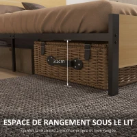 HOMCOM Cadre de lit double en acier avec sommier et tête de lit compatible matelas 140 x 190 cm aspect bois foncé(m-5)
