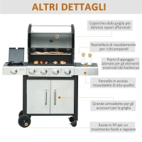 Outsunny Barbecue Gas con Coperchio e 5 Bruciatori da 15.2kW e 4 Ruote, 128x56x113cm(m-7)