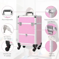 HOMCOM Maletín de Maquillaje Profesional con Cajón Maleta de Maquillaje con Ruedas para Viaje Trabajo 34x25x62 cm Rosa(m-4)