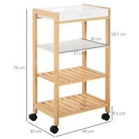 HOMCOM Carrello da Cucina a 4 Livelli in MDF e Legno di Pino con 4 Ruote Girevoli, 40x30x76 cm, Bianco e Marrone(m-3)