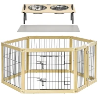 PawHut Parc enclos modulable et Gamelles chiens surélevées 6 panneaux porte verrouillable 2 bols amovibles chacun 1,1L et tapis(m-10)