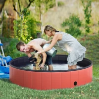 PawHut Foldable Dog Paddling Pool Pet Cat Swimming Pool Indoor/ Outdoor Collapsible Summer Bathing Tub Shower Tub Puppy Washer, Φ 140 x 30H cm, Red(m-10)