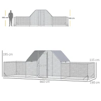 PawHut Enclos poulailler chenil volière extérieur 12,5 m² pour 12 à 15 poules 6,6 x 1,9 x 1,95 m acier galvanisé(m-3)
