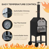 Outsunny Outdoor Garden Pizza Oven Charcoal BBQ Grill 3-Tier Freestanding w/ Chimney, Mesh Shelf, Thermometer Handles, Wheels Garden Party Gathering Stainless Steel Cooker(m-5)