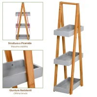 Kleankin Scaffale Salvaspazio da Bagno in MDF e Bambù, Forma a Piramide con 3 Mensole, Color Legno e Grigio, 30x18x81cm(m-6)