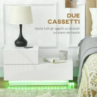 HOMCOM Comodino Moderno con 16 Luci LED RGB, Telecomando e Due Cassetti in Truciolato, 70x37x38cm, Bianco(m-5)