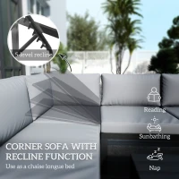 Outsunny 4 Pieces Garden Furniture Set, 5-Level Reclining Garden Corner Sofa Set, Outdoor Lounge Conversation Sectional with Cushions, Wood Effect Plastic Table, Black Frame & Light Grey Cushion(m-6)