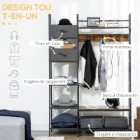 HOMCOM Portemanteau meuble de rangement entrée, 6 étagères 4 crochets 2 tiroirs en tissu, 125 x 43 x 185,5 cm, en acier et bois(m-4)