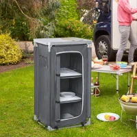 Outsunny 3-Shelf Camping Cupboard Camping Kitchen Station Cook Table, Storage Organiser for BBQ Party Picnics Backyards with Carrying Bag, Grey(m-2)