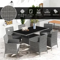 Outsunny 7-Piece Rattan Garden Furniture Set with Cushions, 6 Seater Garden Table and Chairs, Rattan Dining Set with 6 Armchairs, Rectangular Glass Top Table, Charcoal Grey(m-4)