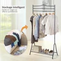 HOMCOM Portant penderie à vêtements sur pied style néo-rétro fer forgé étagère chaussures intégrée noir(m-4)