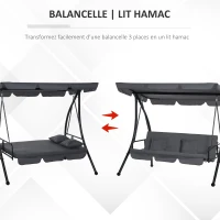 Outsunny Balancelle de Jardin Convertible 3 Places Grand Confort Inclinaison Toit réglable Matelas fourni 2L x 1,25l x 1,7H m métal Polyester Noir Anthracite(m-5)
