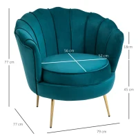 HOMCOM Fauteuil Coquillage Fauteuil Design dim. 79L x 77l x 77H cm Pieds dorés effilés Velours Bleu(m-3)