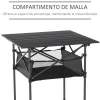 Outsunny Mesa de Camping Plegable con Almacenaje de Malla y Bolsa de Transporte para Exterior Jardín y Picnic 70x70x69 cm Negro(m-4)