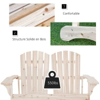 Outsunny Banc de Jardin 2 Places Design Adirondack Assise Dossier à Lattes Larges accoudoirs Bois Naturel sapin lasuré(m-4)