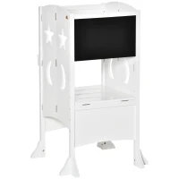 HOMCOM Kids Step Stool Toddler Kitchen Stool with Blackboard Lockable Handrail for Kids Kitchen Counter White(m-11)