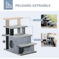 PawHut Escalera para Gatos de 4 Peldaños Escalón para Mascotas Ajustable con Cueva y Bola Colgante 60x40x66 cm Gris(m-4)