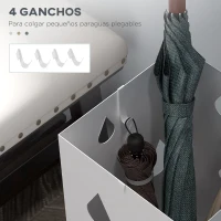 HOMCOM Paragüero Blanco Paragüero de Acero con 4 Ganchos y Bandeja de Goteo Extraíble para Pasillo Entrada 15,5x15,5x41 cm(m-6)