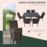 Outsunny 6 Seater Rattan Dining Set with Cushions, Rattan Garden Furniture Set, Outdoor Dining Table and Chairs with 6 Stackable Armchairs, Rectangular Glass Top Table for Patio, Balcony, Brown(m-5)