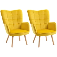 HOMCOM Modern Accent Chair Velvet-Touch Tufted Wingback Armchair Upholstered Leisure Lounge Sofa Club Chair with Wood Legs, Set of 2, Yellow(m-11)