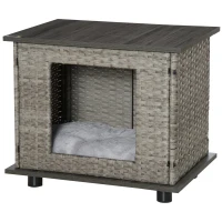 PawHut Wicker Dog House, Rattan Pet Bed, Cat House, End Table Furniture, with Soft Cushion, Adjustable Feet, for X-Small Dogs Grey, 60 x 44 x 51.5 cm(m-11)