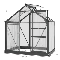 Outsunny Serre de jardin polycarbonate 190 x 132 x 201 cm résistant aux UV 30+ fondation renforcé gouttière gris(m-3)