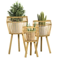 Outsunny Lot de 3 supports cache-pots à plantes lot de 3 étagères à fleurs support pots de fleurs sur pied trépied bois naturel(m-1)