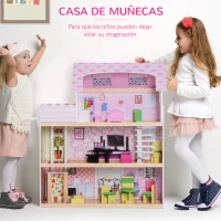 HOMCOM Casa de Muñecas con 13pcs 60x30x71,5 cm Muebles Mobiliario Casita Muñeca Juguete Madera 3 Pisos Casa de Juguete Bella de Madera Rosa(m-4)