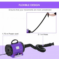 PawHut Dog Hair Dryer Pet Grooming Blaster Dryer Blower Adjustable Temperature Speed with 2.1M Flexible Hose 3 Nozzles - Purple(m-7)