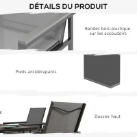 Outsunny Salon de jardin 7 pièces avec 1 table à manger et 6 chaises - plateau en verre trempé effet grain de bois, gris(m-7)