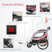 HOMCOM Remorque vélo pour enfant 2 en 1 convertible jogger poussette capacité 26,4 kg avec réflecteurs et drapeau - 2 places  - rouge(m-7)