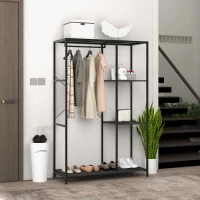HOMCOM Mobile da Ingresso con Appendiabiti da Terra e Scarpiera, in Acciaio e Truciolato, 110x45x169.5 cm, Nero(m-2)