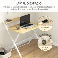 HOMCOM Mesa de Estudio Plegable con Estante Superior Estilo Moderno para Sala Oficina Dormitorio 81,5x70x84 cm Natural y Blanco(m-6)