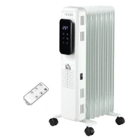 HOMCOM 1500W Oil Filled Radiator, 7 Fin Portable Electric Heater with LED Display, 24H Timer, 3 Heat Settings, Adjustable Thermostat, Safety Cut off, Remote Control, White(m-11)